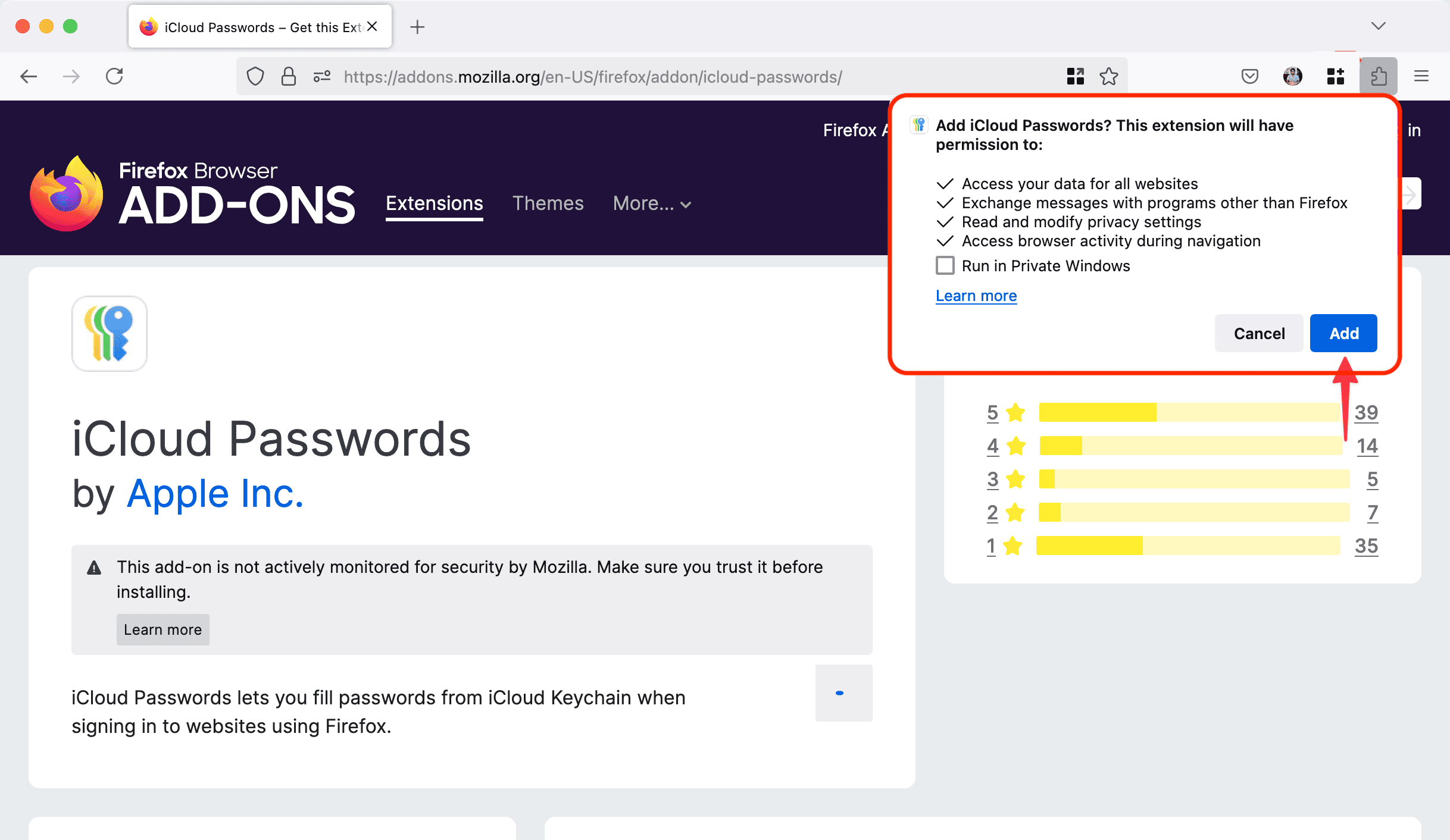 Menambahkan ekstensi iCloud Passwords ke Firefox di Mac