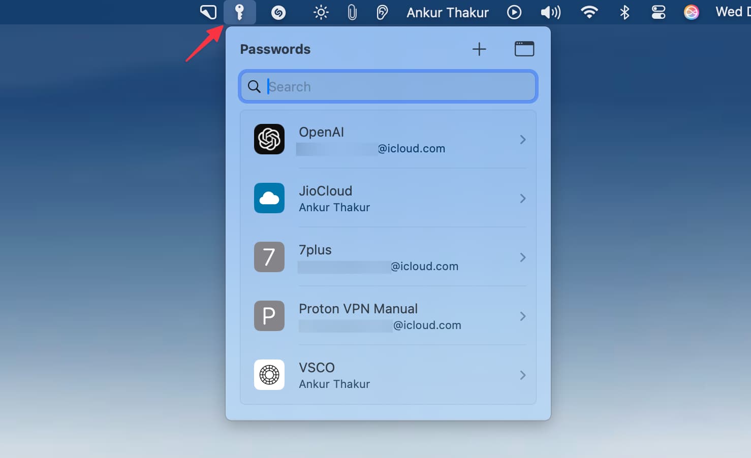 Ekstensi aplikasi Passwords Apple di menu bar Mac