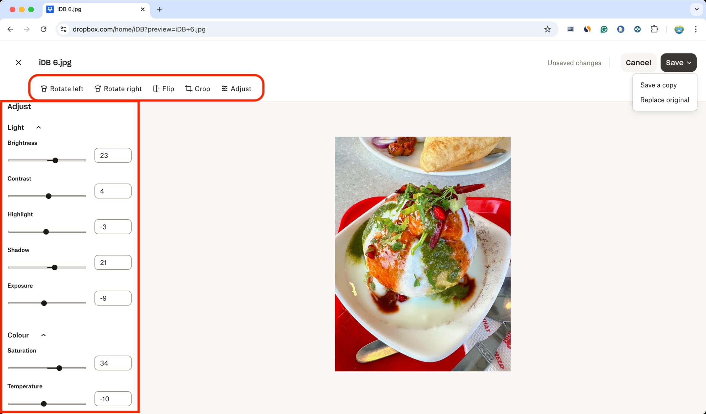 Mengedit gambar makanan menggunakan Dropbox